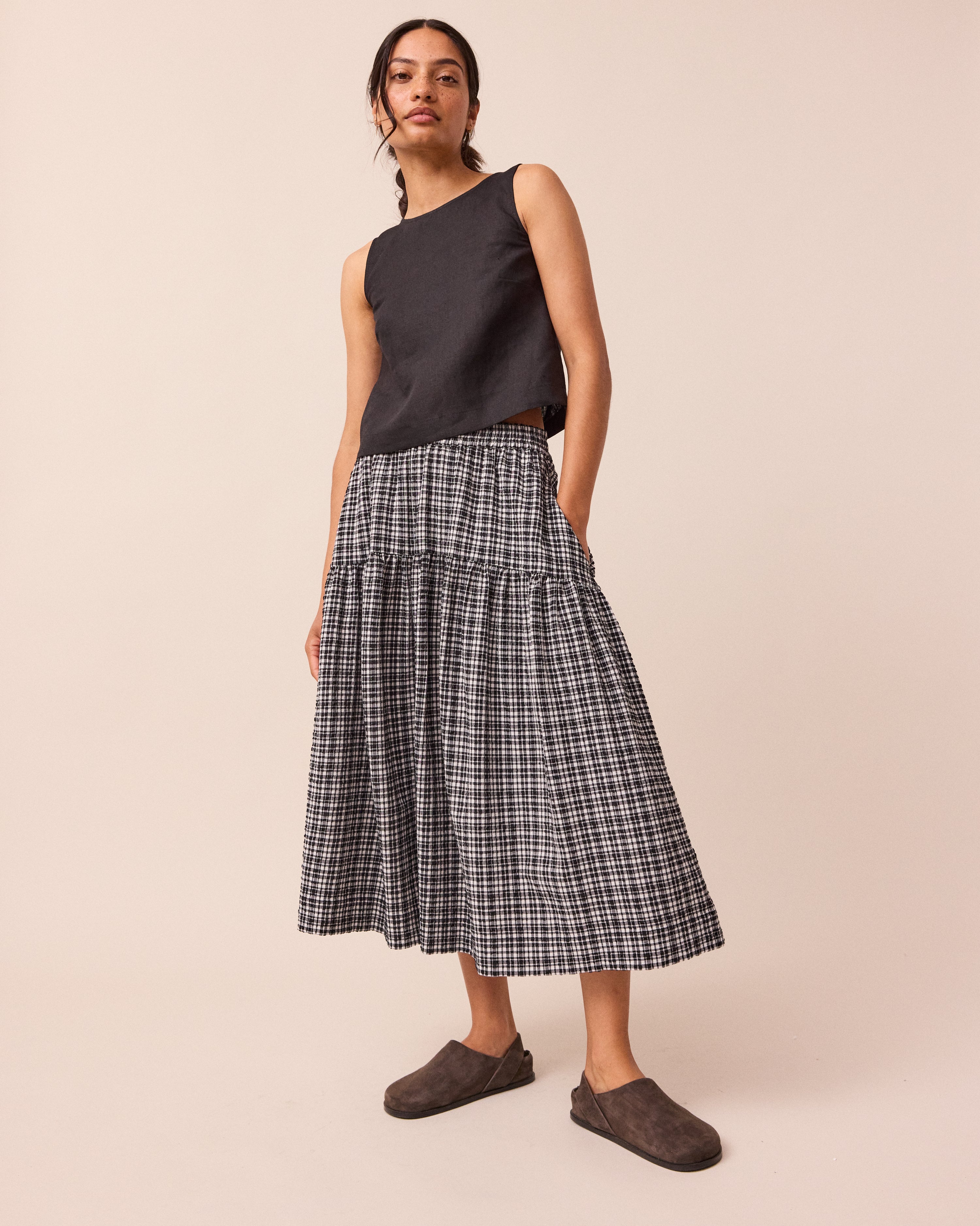 Talia Black & White Gingham Seersucker Skirt