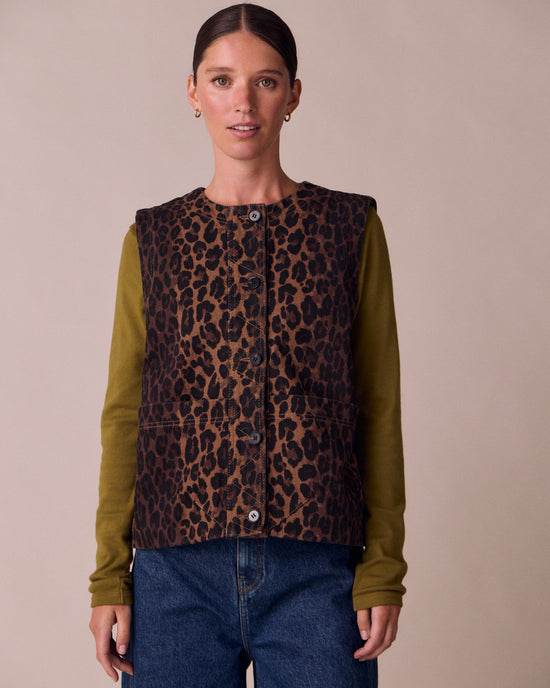 model wears kacie dark leopard denim gilet