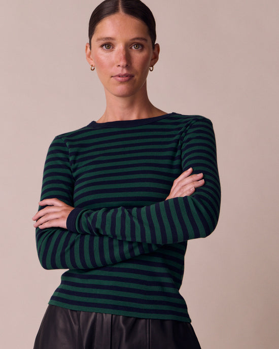 model wears lila bay green and ink jersey top