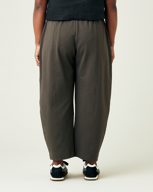 model wears espresso mabel jersey mabel trousers back