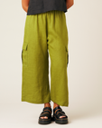 model wears pea pod linen trousers front