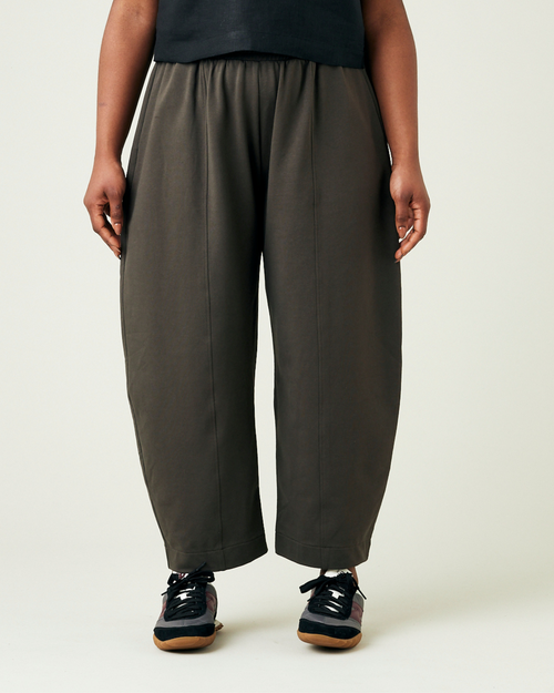 model wears espresso mabel jersey mabel trousers front