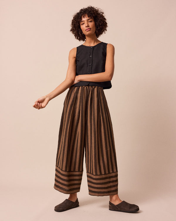 model wears walnut stripe bobbi linen trousers front