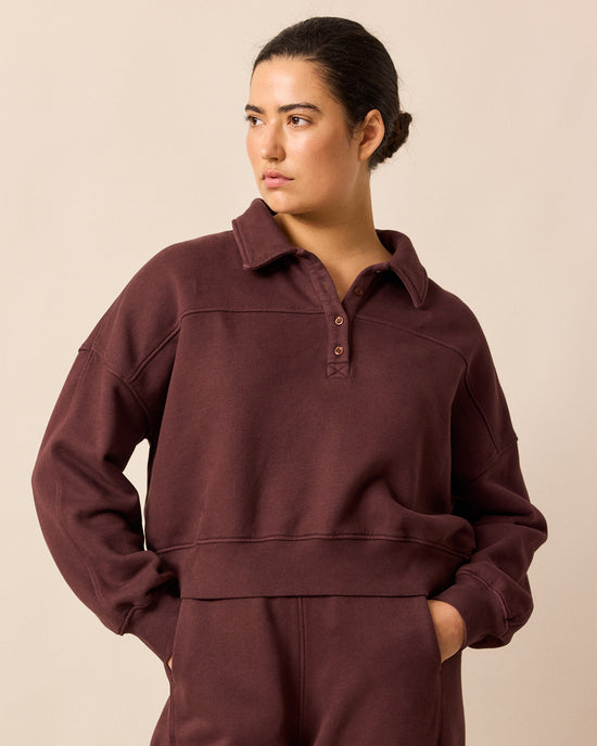 model wears cleo burgundy jersey jumper