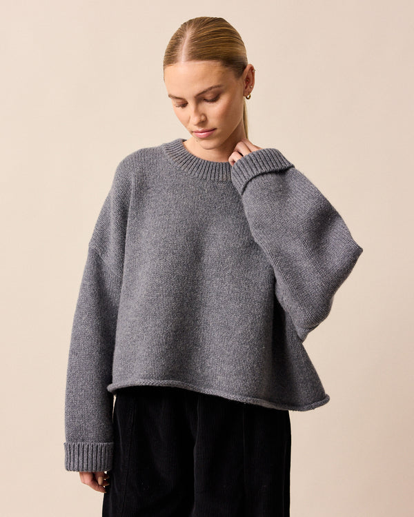 model wears coco charcoal knitted jumper