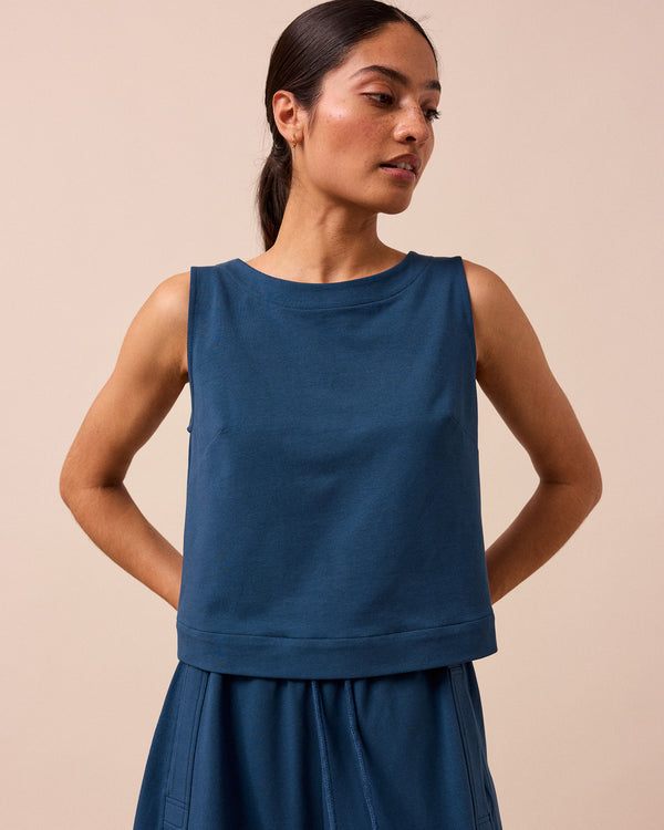 model wears esme french navy jersey top