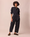 model wears jill black textured cotton jumpsuit