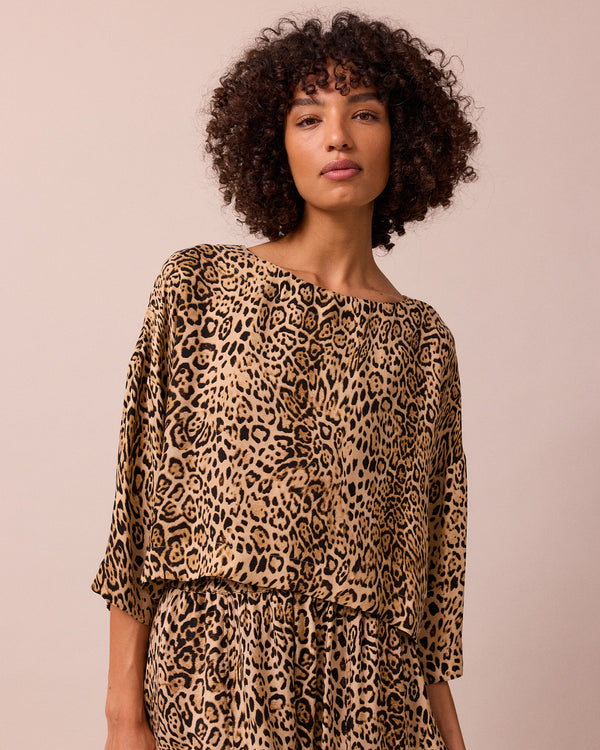 model wears lily leopard print cupro top