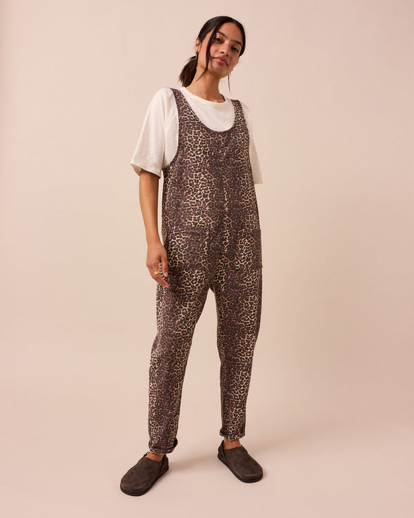 model wears leopard print lola jumpsuit