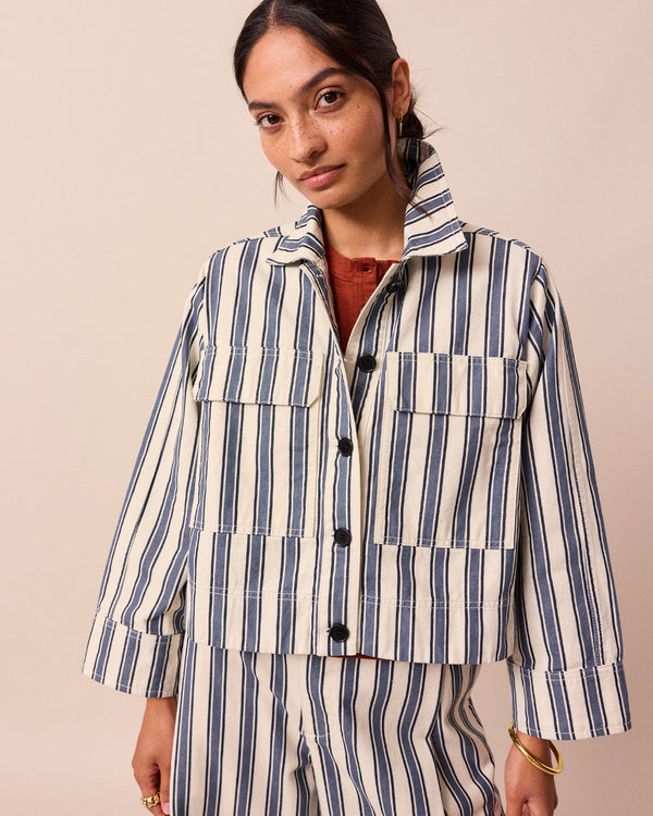 model wears sailor stripe denim lotta jacket