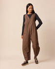model wear ottie rust hickory stripe denim jumpsuit