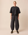 model wears pascale slate fleeceback jersey trousers right