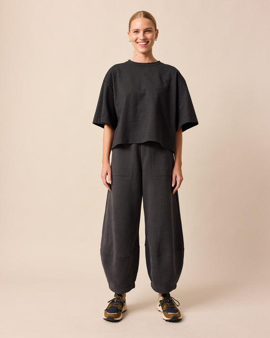 model wears pascale slate fleeceback jersey trousers right