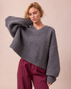 model wears phoebe storm grey knitted jumper