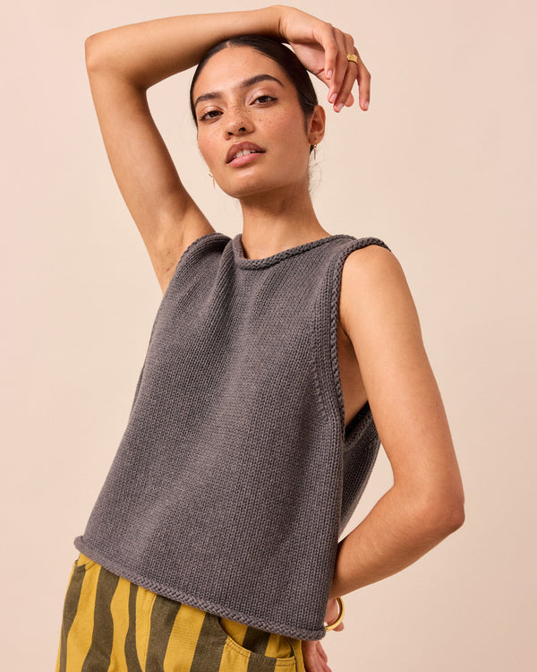 model wears tyler fog knitted vest