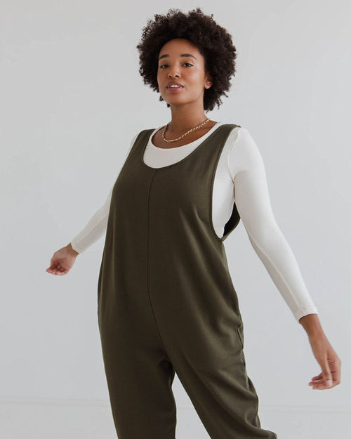 model wears khaki laura jumpsuit