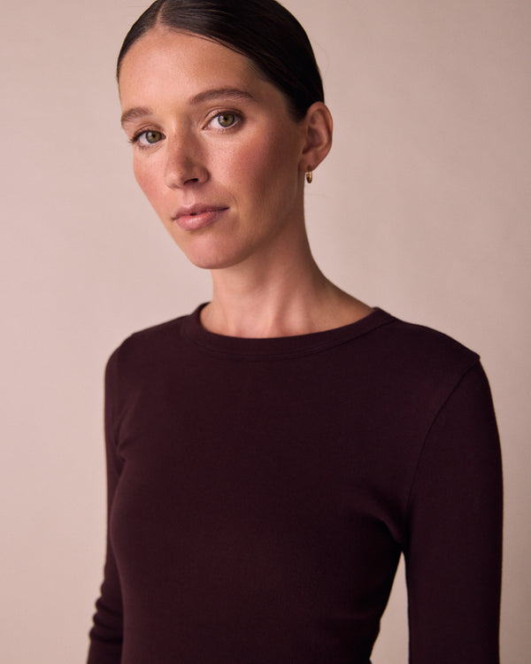 model wears lila beetroot jersey top