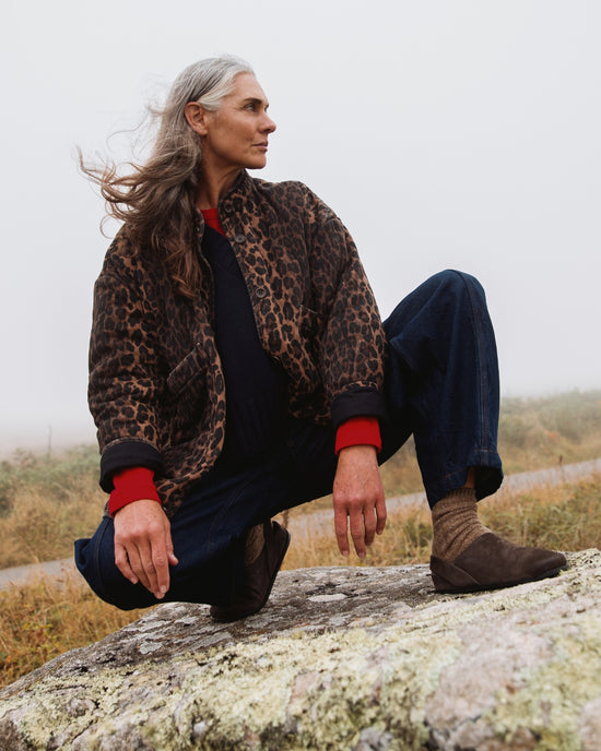 model wears rue dark leopard print denim jacket