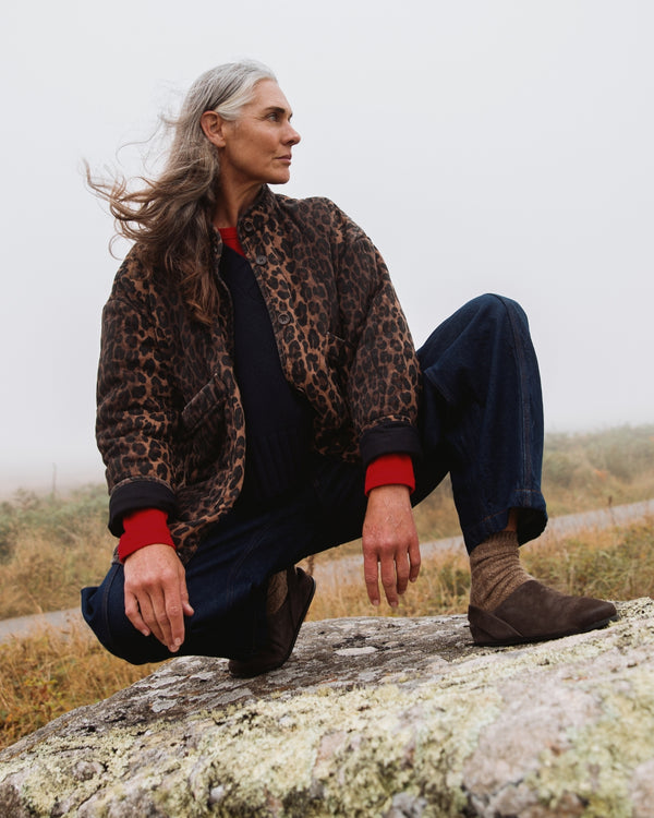 model wears rue dark leopard print denim jacket
