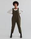 model wears olive jersey laura jumpsuit