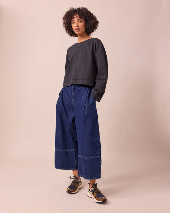 model wears blair dark wash denim jeans right