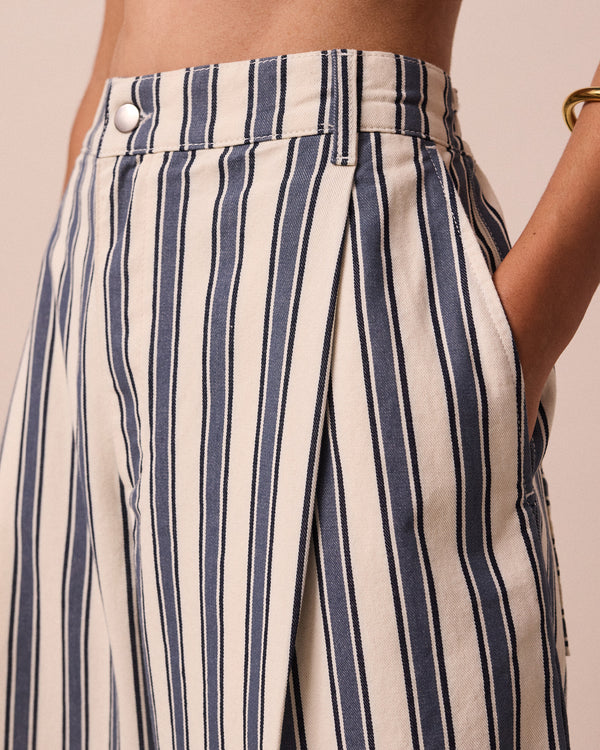 model wears blair sailor stripe denim jeans