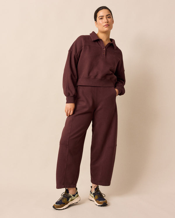 model wears cleo burgundy jersey jumper