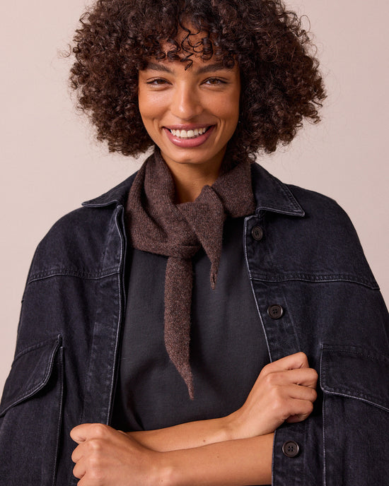 model wears knitted cocoa neckerchief