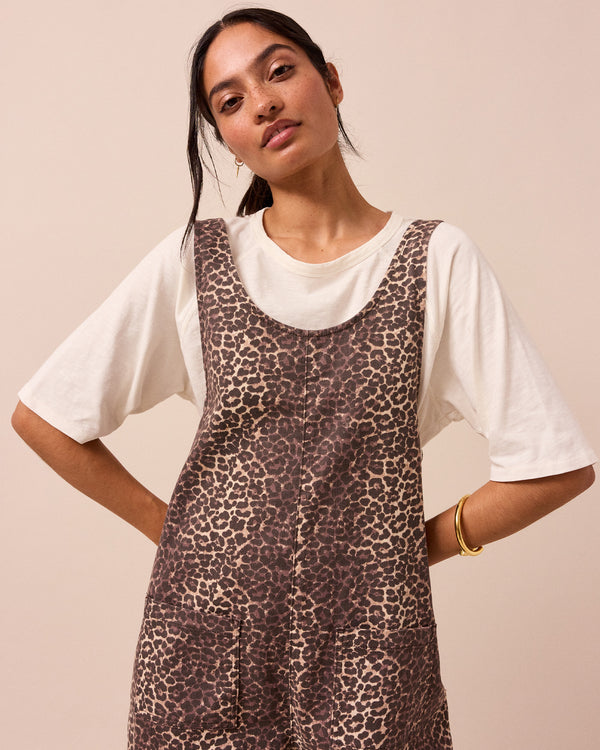 model wears leopard print lola jumpsuit