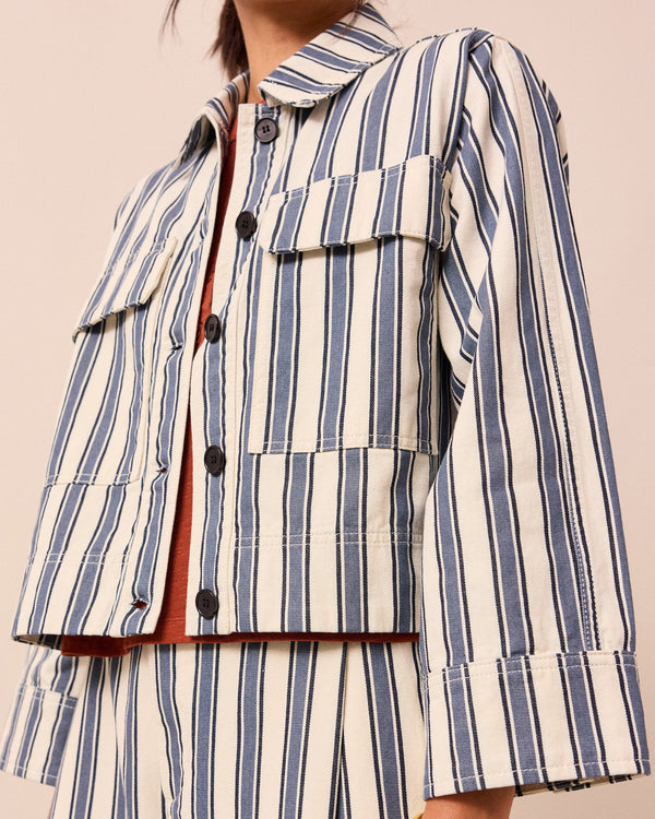 model wears sailor stripe denim lotta jacket