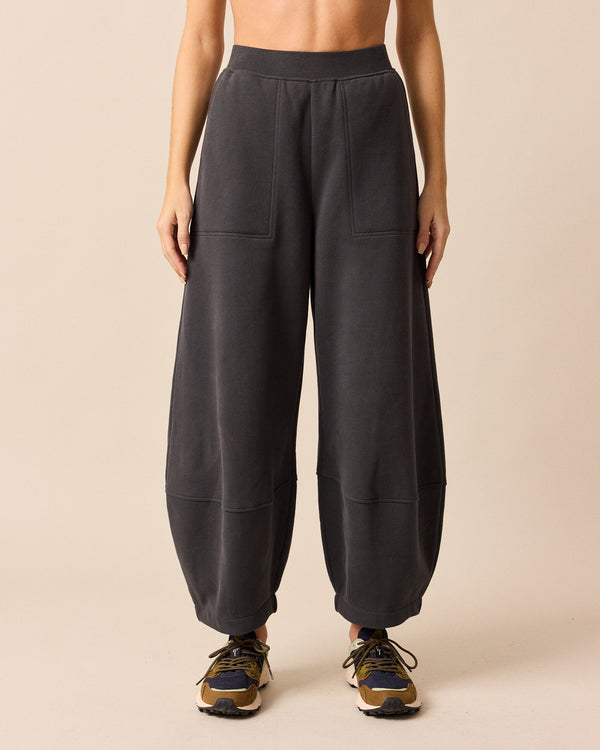 model wears pascale slate fleeceback jersey trousers front