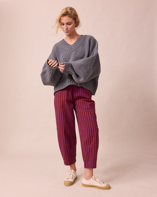 model wears phoebe storm grey knitted jumper