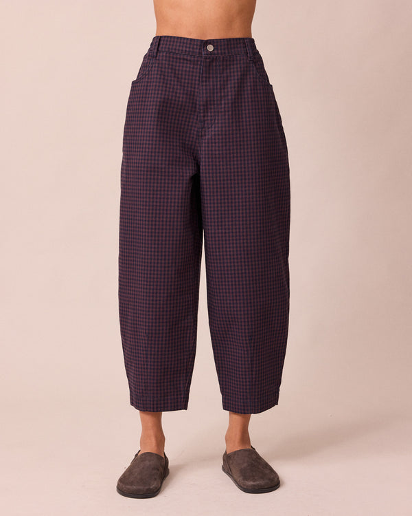 model wears remi mulberry gingham denim jeans right