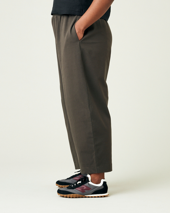 model wears espresso mabel jersey mabel trousers left