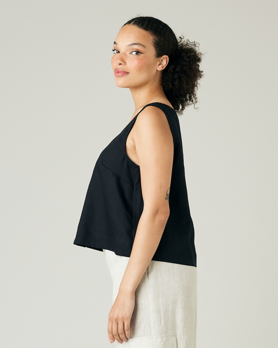 model wears black linen betty top