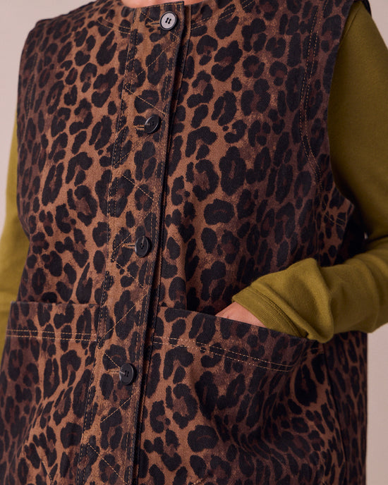 model wears kacie dark leopard denim gilet