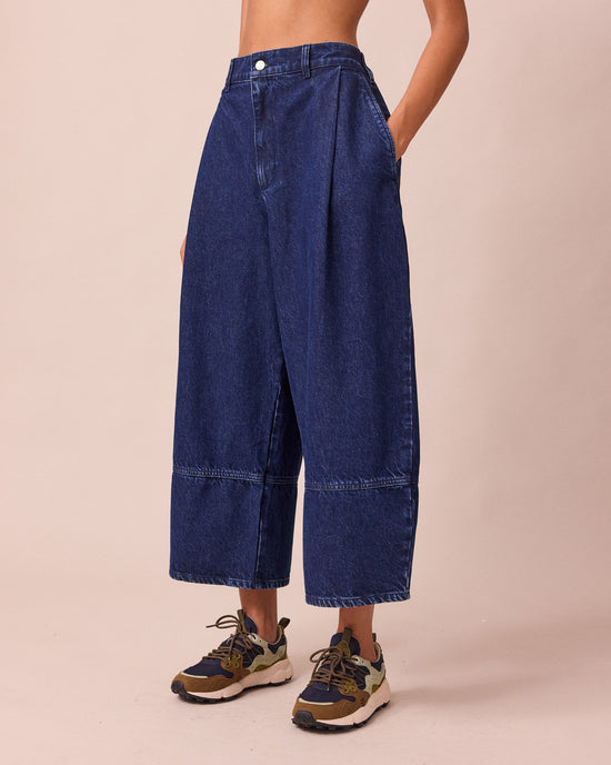 model wears blair dark wash denim jeans