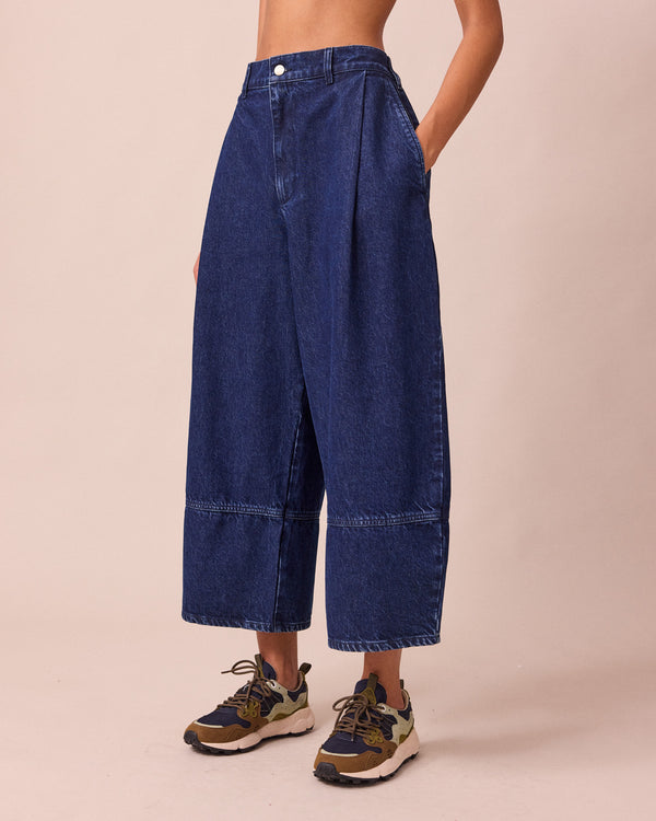 model wears blair dark wash denim jeans