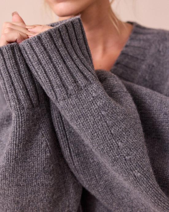 model wears phoebe storm grey knitted jumper