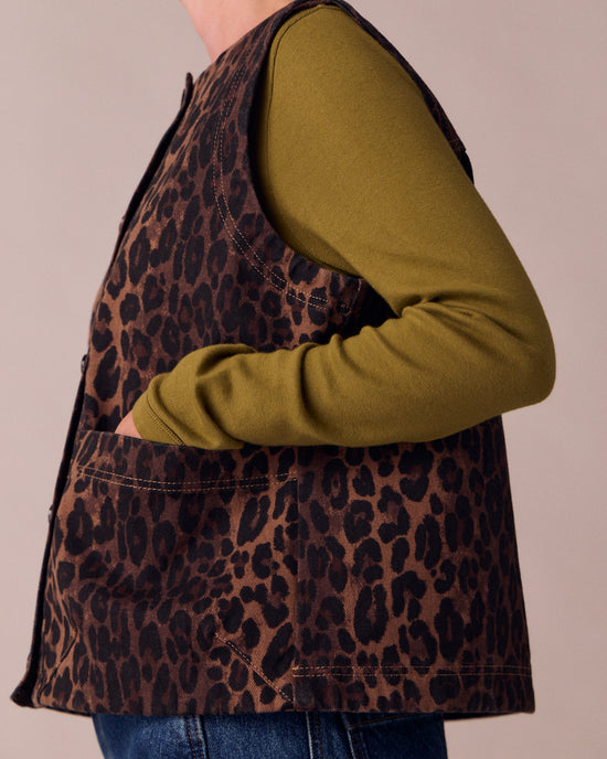 model wears kacie dark leopard denim gilet