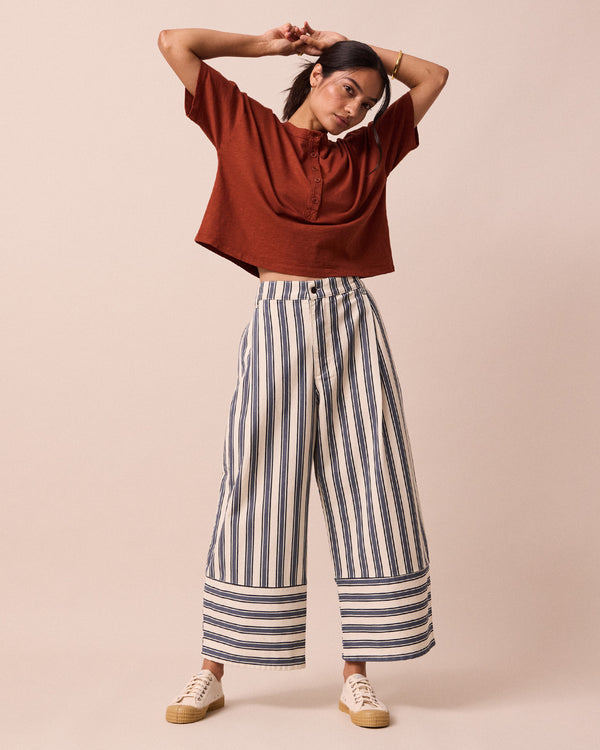 model wears blair sailor stripe denim jeans back