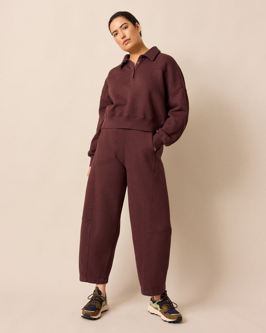 model wears cleo burgundy jersey jumper