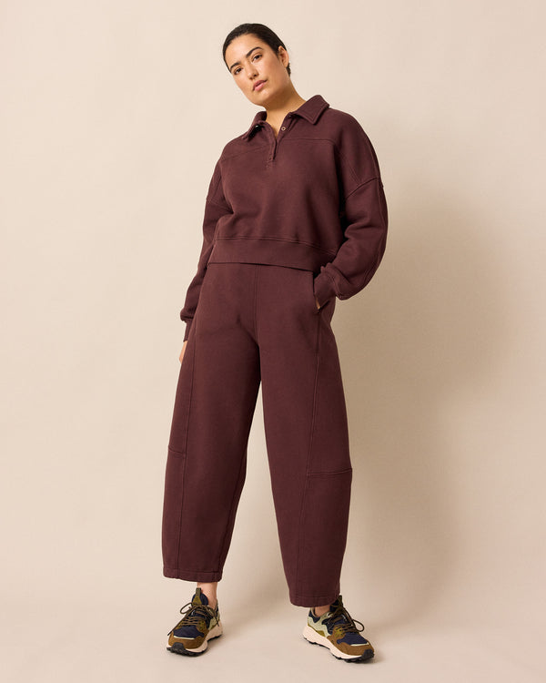 model wears cleo burgundy jersey jumper