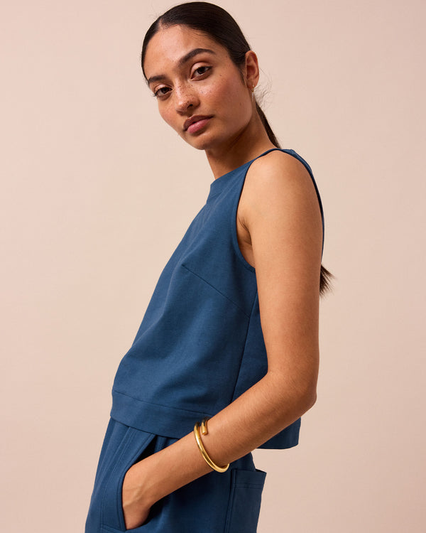 model wears esme french navy jersey top