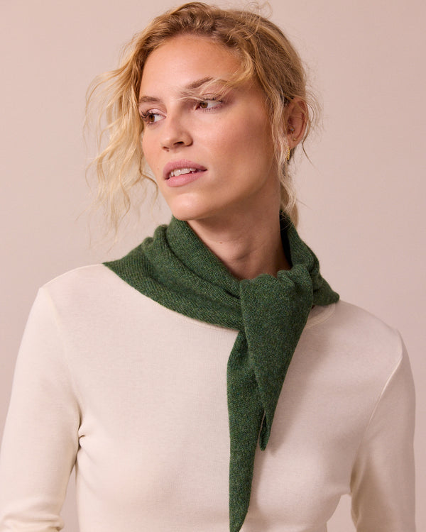 model wears knitted apple green neckerchief
