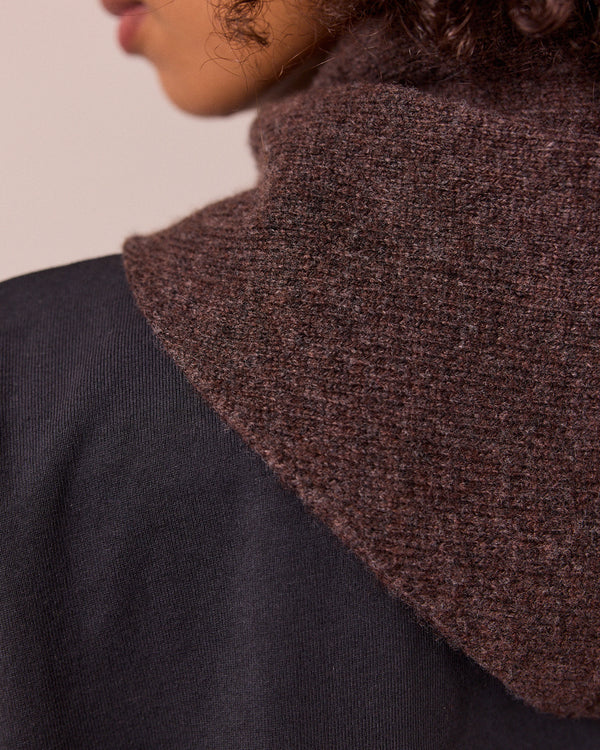 model wears knitted cocoa neckerchief