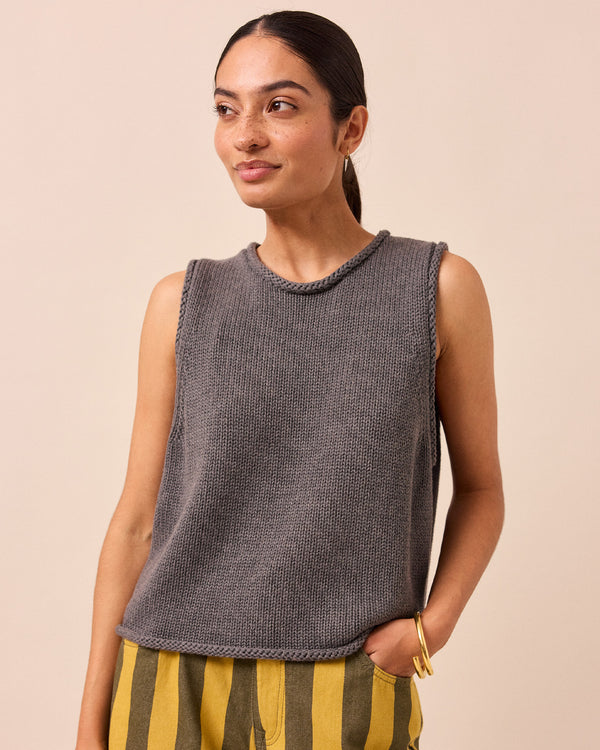 model wears tyler fog knitted vest