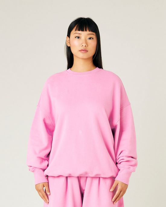 model wears pink jersey riley jumper