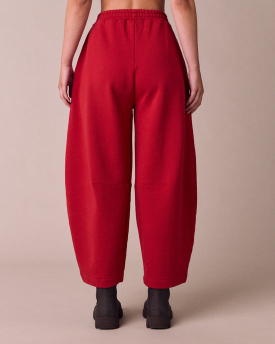 model wears daisy cherry red fleeceback jersey trousers back