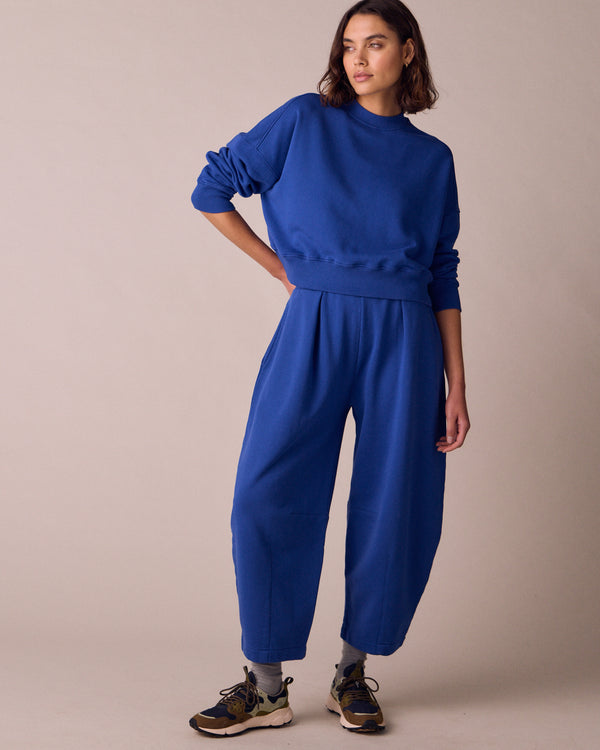 model wears eden cobalt jersey fleeceback jumper